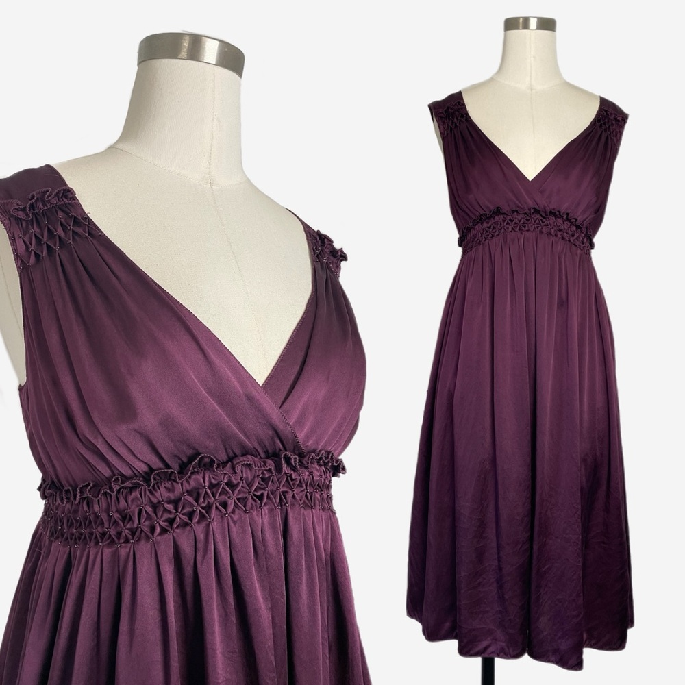 Max Studio Studio M Purple plum silk babydoll mini dress smocked beaded v-neck S